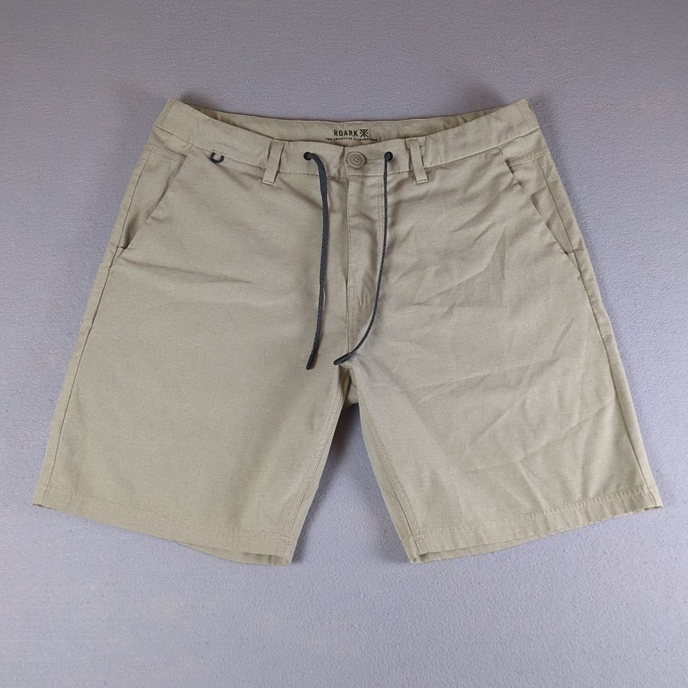 Roark Explorer Shorts Mens 34 Tan Khaki 8" Inseam Stretch Zip Pockets Hiking